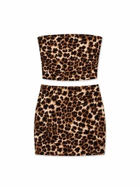 Leopard Print Bodycon Two-Piece Skirt Set, Size XS